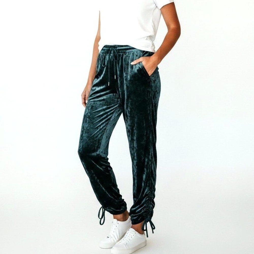 Teal Crushed Velvet Joggers Ruched Y2K Soft Glam Athleisure Lounge Pants M